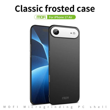 MOFI Phone Case for Everyday iPhone Protection slim frosted black case showing front and back for iPhone 17 Air, lightweight grip and camera cutout