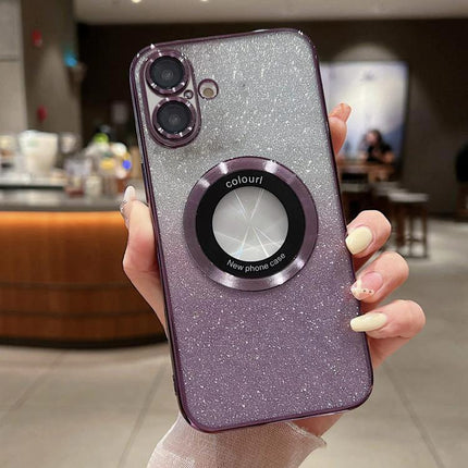 Essential Phone Case for Everyday Protection glitter purple TPU case with ring holder shown in hand, camera and button access preserved