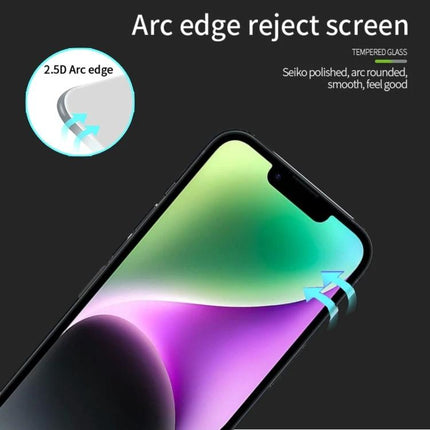 MOFI Tempered Glass Screen Protector For Everyday iPhone Protection showing 2.5D arc edge, ultra-thin HD clarity and scratch resistance