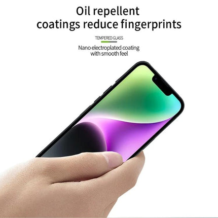 MOFI Tempered Glass Screen Protector For Everyday iPhone Protection shown on iPhone with oil-repellent coating reducing fingerprints