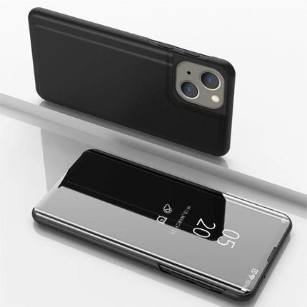 Protective Leather Phone Case With Flip Stand For Everyday Use showing black leather case propped in landscape for hands-free streaming and video calls