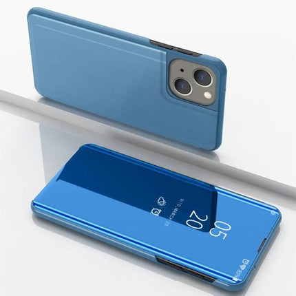 Essential Leather Flip Case for Everyday Phone Use in sky blue showing back camera cutout and flip cover protecting screen during commute