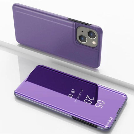 Essential Leather Flip Case for Everyday Phone Use in purple showing back camera cutout and front flip cover during commute