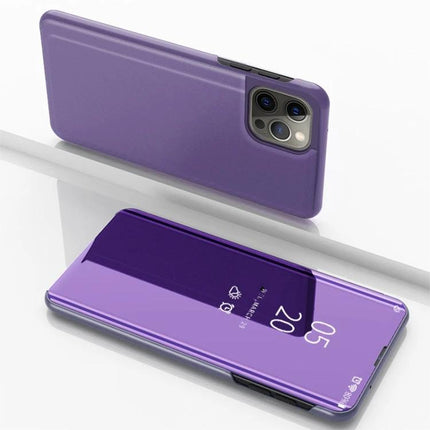 Purple Leather Phone Case With Built In Stand For Hands Free Viewing In Daily Life For Everyday Tasks showing horizontal hands-free viewing and camera cutout