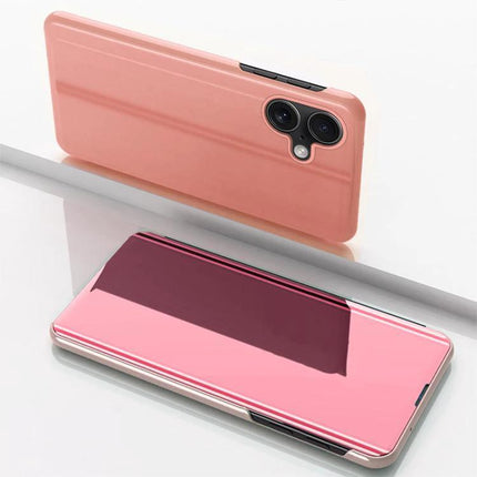 Leather Phone Case With Built In Stand For Hands Free Viewing In Daily Life For Everyday Tasks — pink genuine leather flip case showing stand and camera cutout