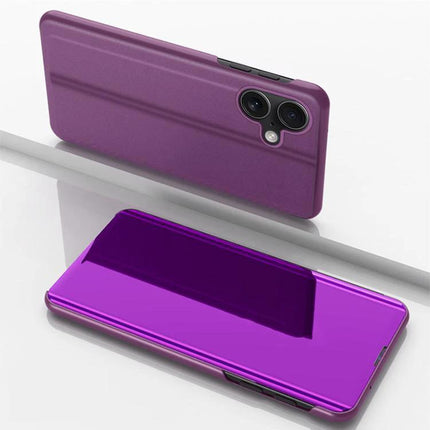 Leather Phone Case With Built In Stand For Hands Free Viewing In Daily Life For Everyday Tasks - purple genuine leather folio case showing horizontal stand and camera cutouts