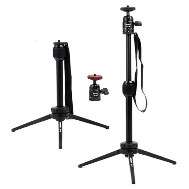 JMARY Telescopic Aluminum Tripod for Phones and Cameras shown compact and extended with ball head for travel vlogging