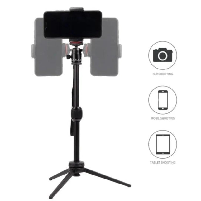 JMARRY Telescopic Aluminum Tripod for Phones and Cameras shown with smartphone mounted on compact travel tripod