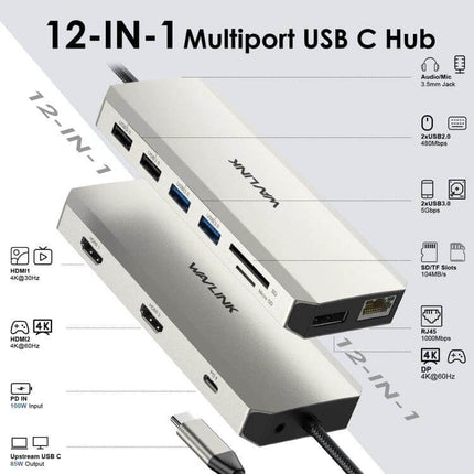 Wavlink USB-C Docking Station for Triple Monitor Setup 12-in-1 multiport hub with HDMI, DP, Ethernet and USB ports