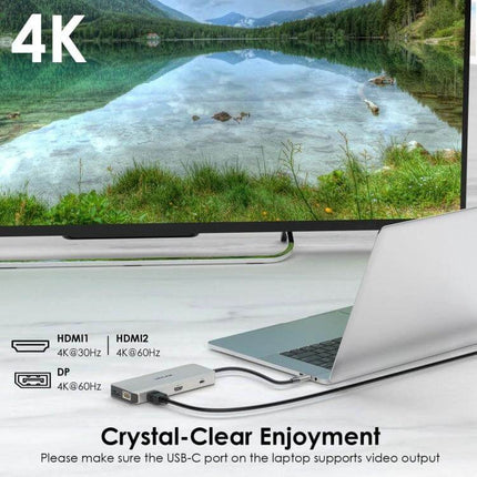 Wavlink USB-C Docking Station for Triple Monitor Setup showing laptop connected to docking hub with 4K display and multiple ports