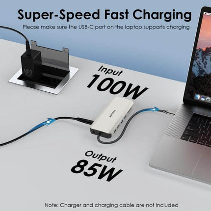 Wavlink USB-C Docking Station for Triple Monitor Setup showing 100W input and 85W output fast charging connected to laptop