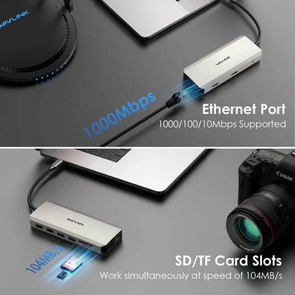Wavlink USB-C Docking Station for Triple Monitor Setup showing Ethernet port and SD/TF card slots with laptop and camera