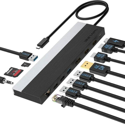 Wavlink USB-C Docking Station for Triple Display Connectivity connecting laptop to three monitors and multiple peripherals with compact hub design