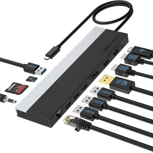 Wavlink USB-C Docking Station for Triple Display Connectivity connecting laptop to three monitors and multiple peripherals with compact hub design