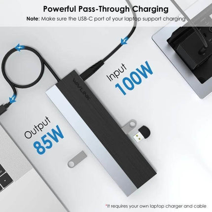 Wavlink USB-C Docking Station for Triple Display Connectivity shown with 100W input and 85W output powering laptop and peripherals