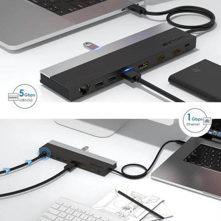 Wavlink USB-C Docking Station for Triple Display Connectivity showing laptop connected to multiple monitors and peripherals with HDMI, USB and Ethernet ports
