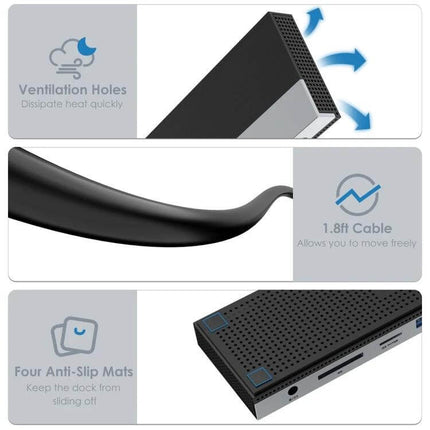 Wavlink USB-C Docking Station for Triple Display Connectivity showing ventilation holes, 1.8ft cable and anti-slip mats