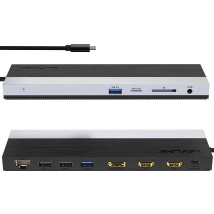 Wavlink USB-C Docking Station for Triple Display Connectivity showing slim hub with USB-C cable, USB ports, SD card slots and three display outputs