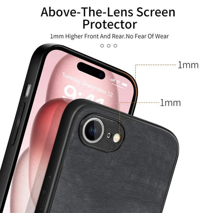 Vintage Leather Case for iPhone Everyday Protection showing black leather back, TPU frame, 1mm raised camera and screen lip