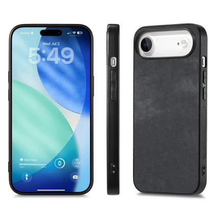 Vintage Leather Phone Case For Everyday iPhone Protection shown on iPhone front, side, and back views in black leather finish