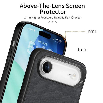 Vintage Leather Phone Case For Everyday iPhone Protection showcasing 1mm raised edges, camera and screen protection, leather-textured exterior