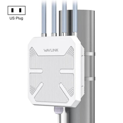 WAVLINK Waterproof Outdoor WiFi Router for Everyday Connectivity mounted on pole with four external antennas, waterproof white outdoor wireless router
