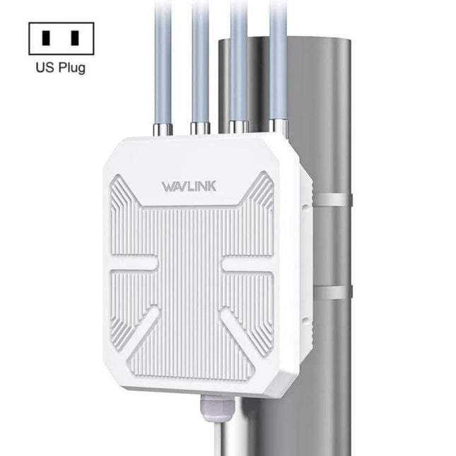 WAVLINK Waterproof Outdoor WiFi Router for Everyday Connectivity mounted on pole showing antennas and weatherproof casing