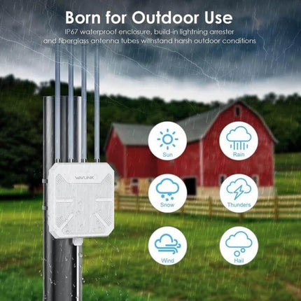 WAVLINK Waterproof Outdoor WiFi Router for Everyday Connectivity mounted outdoors in rain providing stable dual-band coverage for backyard, events, and security cameras