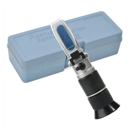 Portable Handheld Brix Refractometer for Sugar Measurement in Honey with protective case showing prism and textured grip