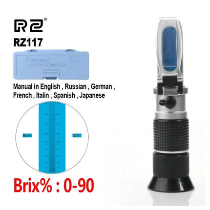 Portable Handheld Brix Refractometer for Sugar Measurement in Honey handheld refractometer showing 0-90% Brix scale, protective case and viewing prism