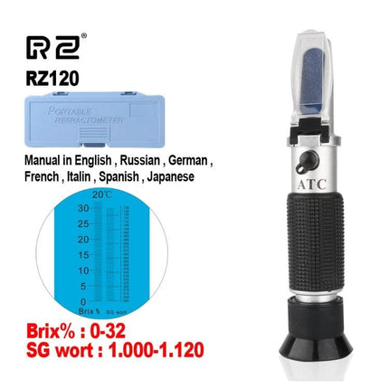 Handheld Refractometer for Beer Wort Sugar and Gravity Measurement - portable refractometer showing Brix and SG scales with carrying case
