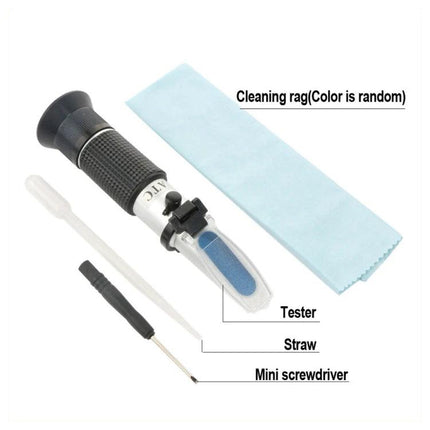 Handheld Refractometer for Measuring Grape Juice Sugar in Wine Making showing tester, straw, mini screwdriver and cleaning rag