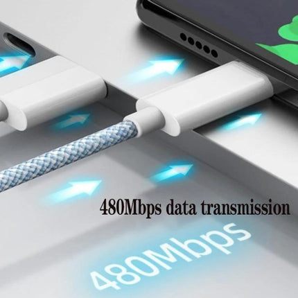 Essential USB-C Charging Cable for Everyday Device Use - braided cable connected to smartphone showing 480Mbps data transfer