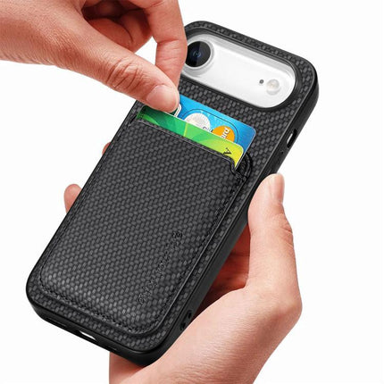 Phone Case With Card Storage For Everyday Use - black PU case with four-corner shock protection and rear card slot holding IDs and credit cards