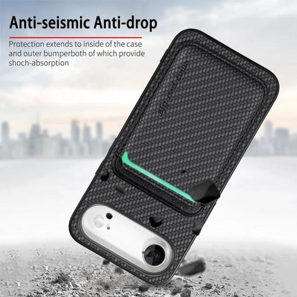 Phone Case With Card Storage For Everyday Use showing black textured PU case with card slot, four-corner shock absorption and anti-drop protection