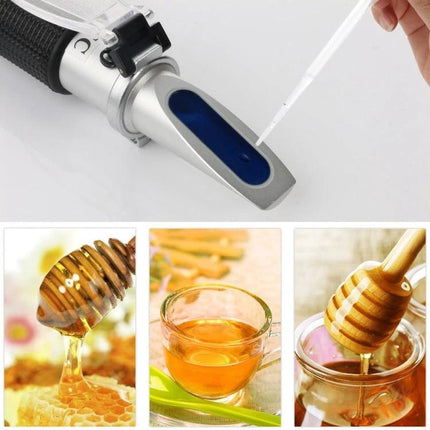Honey Refractometer for Measuring Honey Moisture Levels - handheld refractometer testing honey moisture with pipette and honey samples