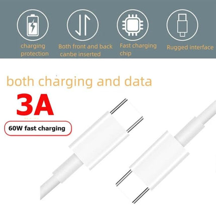 Essential USB-C Cable for Daily Device Charging and Syncing showing white USB-C ends, 3A 60W fast charging and data transfer icons