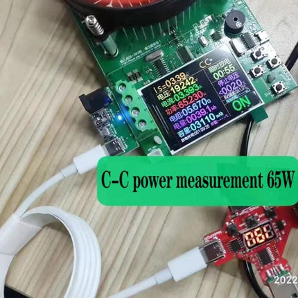 Essential USB-C Cable for Daily Device Charging and Syncing connected to 65W C-C power measurement board showing charge and sync test