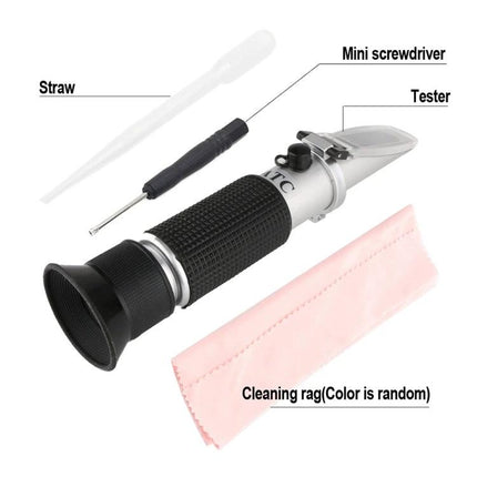 Optical Handheld Refractometer for Salinity Measurement in Water shown with straw, mini screwdriver, tester and cleaning rag