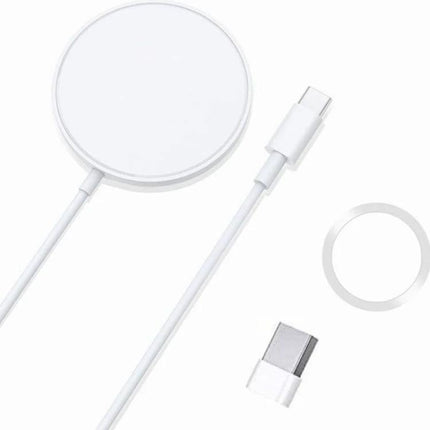 Essential Magnetic Charger for Everyday iPhone Use - white magnetic wireless charger with USB-C cable on desk