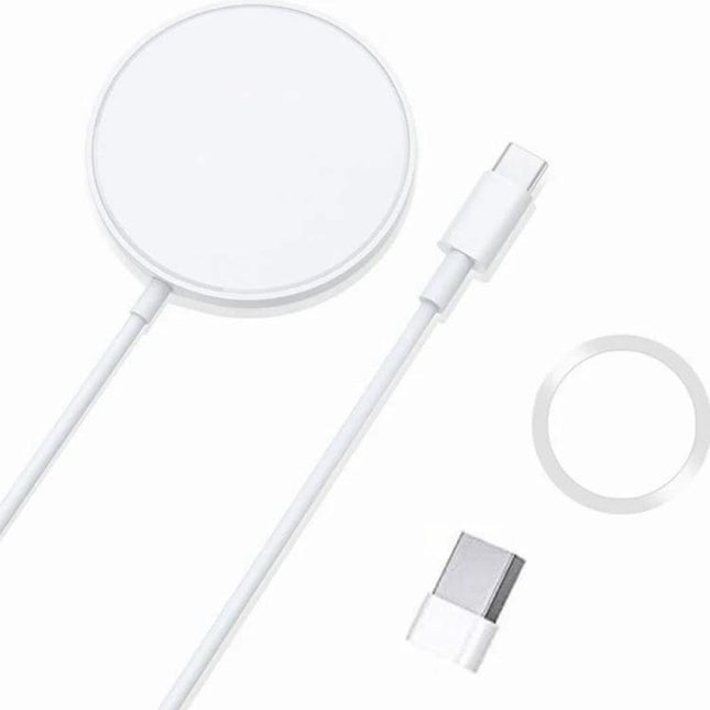 Essential Magnetic Charger for Everyday iPhone Use - white magnetic wireless charger with USB-C cable on desk