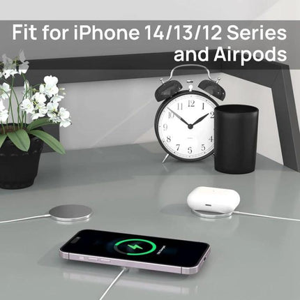 Essential Magnetic Charger for Everyday iPhone Use on nightstand charging iPhone with AirPods and clock
