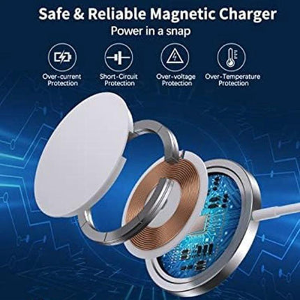 Essential Magnetic Charger for Everyday iPhone Use - exploded view of magnetic wireless charger showing coil, circuit board, and snap-on design for nightstand or desk charging