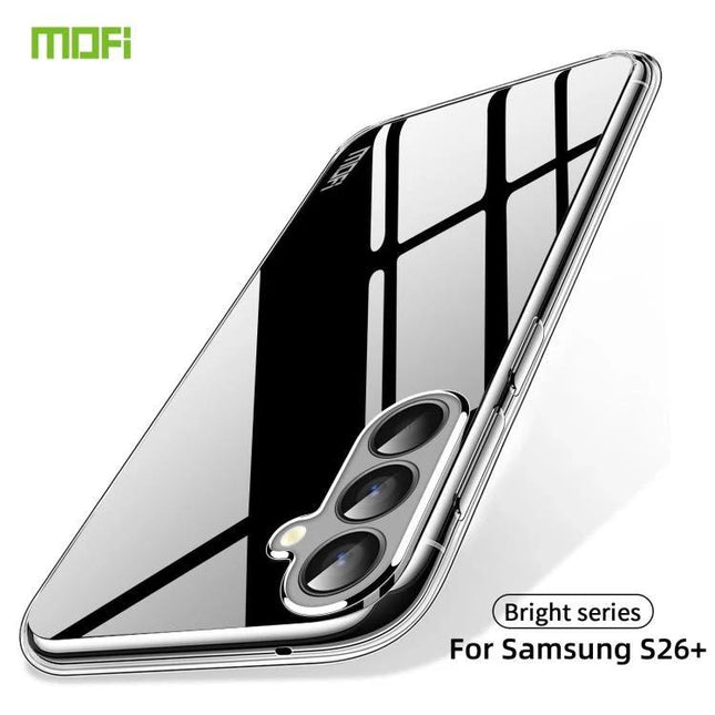 MOFI Samsung Case Transparent TPU For Everyday Protection slim clear TPU case for Samsung S26+ showing camera cutouts and glossy finish