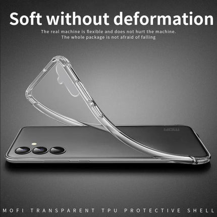 MOFI Samsung Case Transparent TPU For Everyday Protection - clear flexible TPU case shown bending over a Samsung phone protecting camera and back