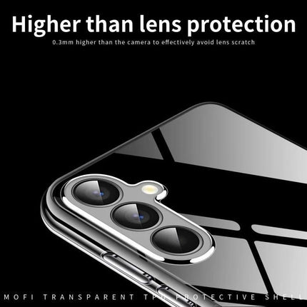 MOFI Samsung Case Transparent TPU For Everyday Protection showcasing raised 0.3mm camera lens protection on clear TPU shell