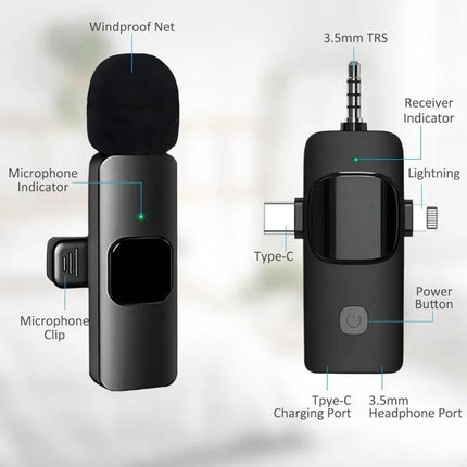 Clip-On Microphones for Everyday Video Calls and Recordings - compact clip-on mic with windproof net, 3.5mm TRS, Type-C charging, lightning and headphone ports