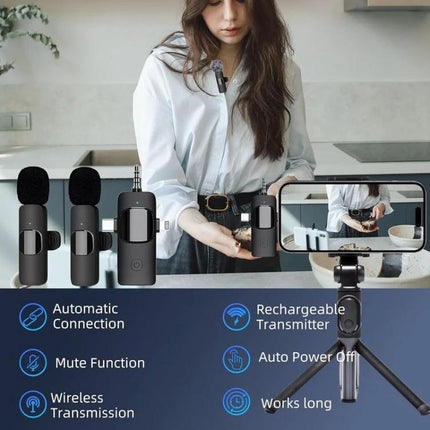 Clip-On Microphones for Everyday Video Calls and Recordings — compact clip-on lavalier set with transmitter, wireless mic, and smartphone mount for clear audio