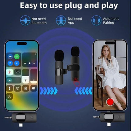 Clip-On Microphones for Everyday Video Calls and Recordings compact wireless clip-on lavalier set shown with smartphones and seated woman
