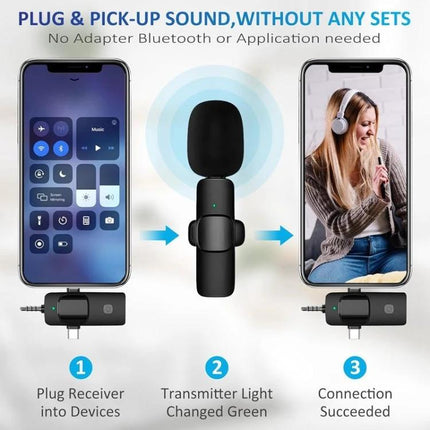 Clip-On Microphones for Everyday Video Calls and Recordings shown clipped to phones and transmitter demonstrating plug-in setup